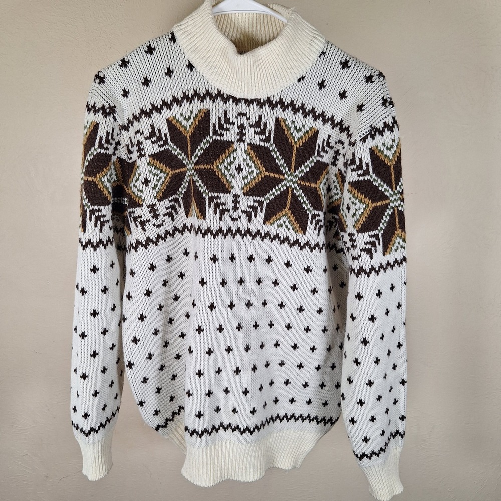 Vtg 70s Ski Sweater Fair Isle Jaquard Birdseye Heavy Grandpa Dad Earth Tone